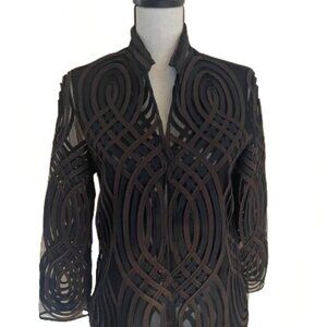 Chicos Travelers Collection Neutral Swirl Striped Jacket In Brown/Black Combo.